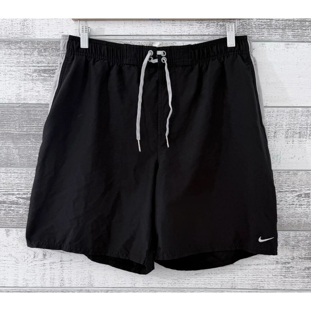 NIKE Swim Board Shorts Men's L Mesh Lined Side Pockets Black/Gray 7" Inseam